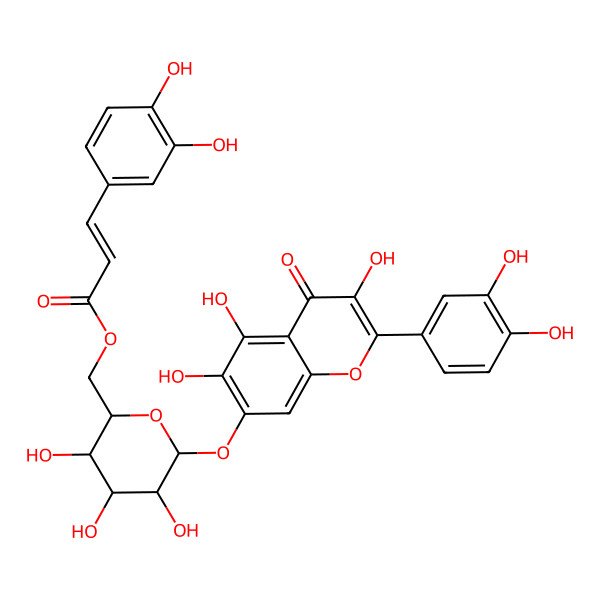 2D Structure of [(2R,3S,4S,5R,6S)-6-[2-(3,4-dihydroxyphenyl)-3,5,6-trihydroxy-4-oxochromen-7-yl]oxy-3,4,5-trihydroxyoxan-2-yl]methyl (E)-3-(3,4-dihydroxyphenyl)prop-2-enoate