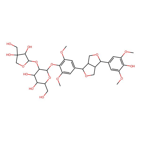 2D Structure of (2R,3S,4S,5R,6S)-6-[4-[(3S,3aS,6R,6aS)-3-(4-hydroxy-3,5-dimethoxyphenyl)-1,3,3a,4,6,6a-hexahydrofuro[3,4-c]furan-6-yl]-2,6-dimethoxyphenoxy]-5-[(2S,3R,4R)-3,4-dihydroxy-4-(hydroxymethyl)oxolan-2-yl]oxy-2-(hydroxymethyl)oxane-3,4-diol