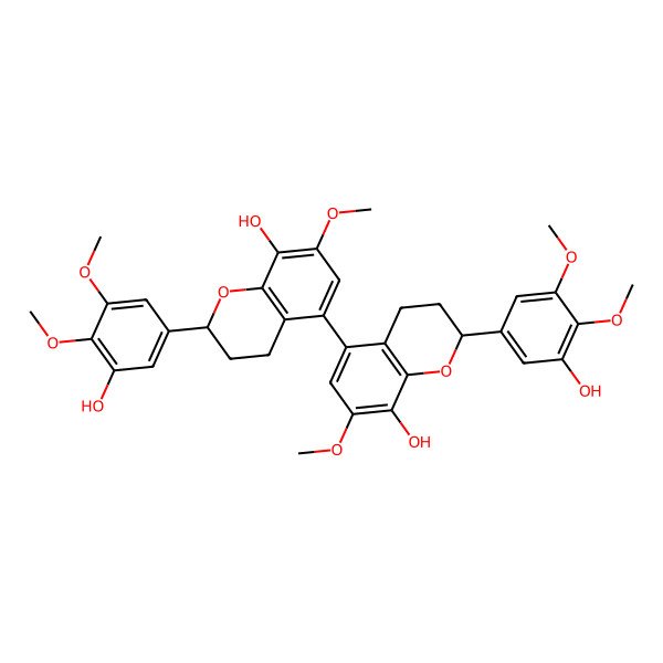 2D Structure of (2S)-2-(3-hydroxy-4,5-dimethoxyphenyl)-5-[(2S)-8-hydroxy-2-(3-hydroxy-4,5-dimethoxyphenyl)-7-methoxy-3,4-dihydro-2H-chromen-5-yl]-7-methoxy-3,4-dihydro-2H-chromen-8-ol