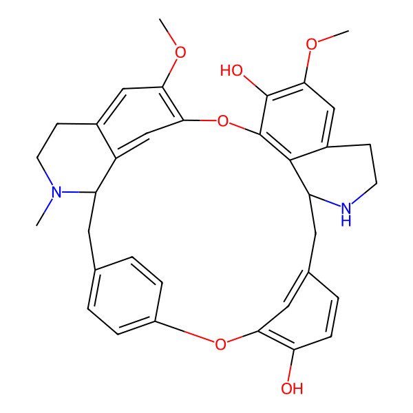 2D Structure of (1S,14R)-20,25-dimethoxy-30-methyl-7,23-dioxa-15,30-diazaheptacyclo[22.6.2.23,6.18,12.114,18.027,31.022,33]hexatriaconta-3(36),4,6(35),8,10,12(34),18,20,22(33),24,26,31-dodecaene-9,21-diol