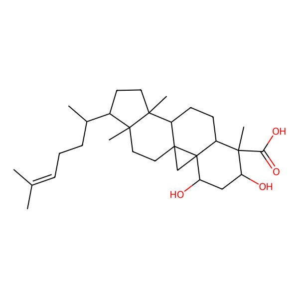 2D Structure of 4,6-Dihydroxy-7,12,16-trimethyl-15-(6-methylhept-5-en-2-yl)pentacyclo[9.7.0.01,3.03,8.012,16]octadecane-7-carboxylic acid