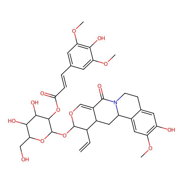 2D Structure of [(2S,3R,4S,5S,6R)-2-[[(1R,15S,16R,17S)-16-ethenyl-5-hydroxy-4-methoxy-11-oxo-14-oxa-10-azatetracyclo[8.8.0.02,7.012,17]octadeca-2,4,6,12-tetraen-15-yl]oxy]-4,5-dihydroxy-6-(hydroxymethyl)oxan-3-yl] (E)-3-(4-hydroxy-3,5-dimethoxyphenyl)prop-2-enoate