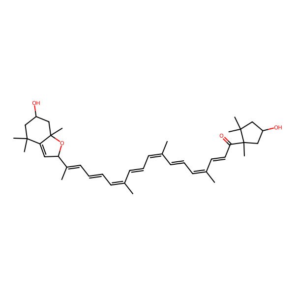 2D Structure of (2E,4E,6E,8E,10E,12E,14E,16E)-17-[(2S,6S,7aR)-6-hydroxy-4,4,7a-trimethyl-2,5,6,7-tetrahydro-1-benzofuran-2-yl]-1-[(1R,4S)-4-hydroxy-1,2,2-trimethylcyclopentyl]-4,8,12-trimethyloctadeca-2,4,6,8,10,12,14,16-octaen-1-one