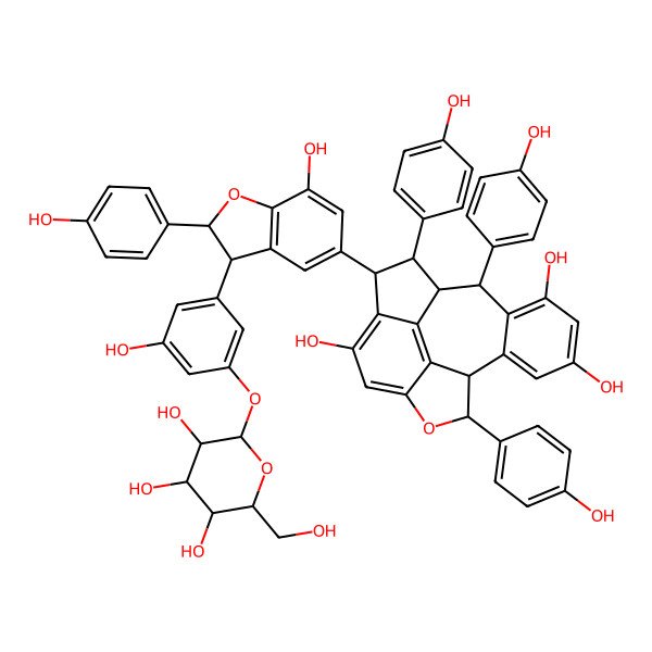 2D Structure of 3-[7-Hydroxy-2-(4-hydroxyphenyl)-3-[3-hydroxy-5-[3,4,5-trihydroxy-6-(hydroxymethyl)oxan-2-yl]oxyphenyl]-2,3-dihydro-1-benzofuran-5-yl]-2,9,17-tris(4-hydroxyphenyl)-8-oxapentacyclo[8.7.2.04,18.07,19.011,16]nonadeca-4(18),5,7(19),11(16),12,14-hexaene-5,13,15-triol