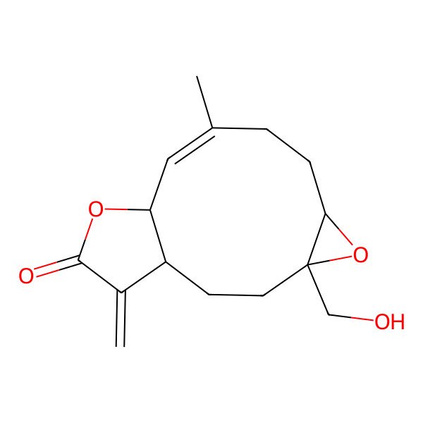 2D Structure of (1S,4R,6R,9Z,11R)-4-(hydroxymethyl)-9-methyl-14-methylidene-5,12-dioxatricyclo[9.3.0.04,6]tetradec-9-en-13-one