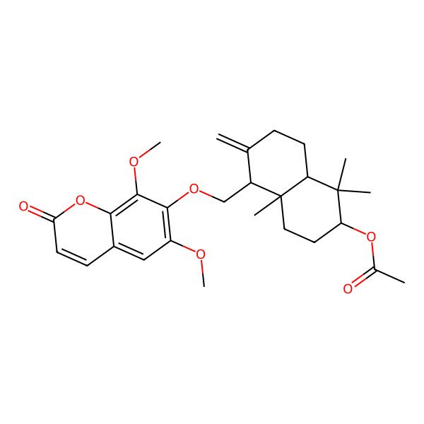 2D Structure of [(2S,4aR,5R,8aS)-5-[(6,8-dimethoxy-2-oxochromen-7-yl)oxymethyl]-1,1,4a-trimethyl-6-methylidene-3,4,5,7,8,8a-hexahydro-2H-naphthalen-2-yl] acetate