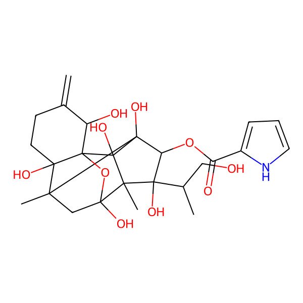 2D Structure of [(1R,2R,6S,7S,9S,10S,11S,12R,13S,14R)-2,6,9,11,13,14-hexahydroxy-11-[(2S)-1-hydroxypropan-2-yl]-7,10-dimethyl-3-methylidene-15-oxapentacyclo[7.5.1.01,6.07,13.010,14]pentadecan-12-yl] 1H-pyrrole-2-carboxylate