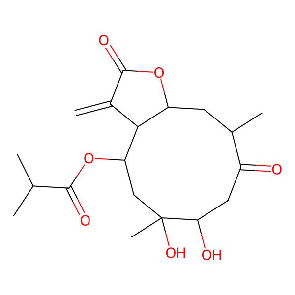 2D Structure of [(3aS,4R,6R,7S,10S,11aR)-6,7-dihydroxy-6,10-dimethyl-3-methylidene-2,9-dioxo-3a,4,5,7,8,10,11,11a-octahydrocyclodeca[b]furan-4-yl] 2-methylpropanoate