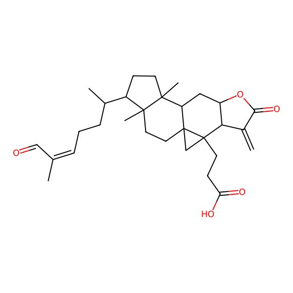2D Structure of 3-[(1R,3S,4S,8S,10R,11R,14S,15S)-11,15-dimethyl-5-methylidene-14-[(E,2S)-6-methyl-7-oxohept-5-en-2-yl]-6-oxo-7-oxapentacyclo[8.7.0.01,3.04,8.011,15]heptadecan-3-yl]propanoic acid