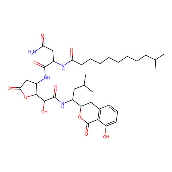 2D Structure of N-[2-[1-hydroxy-2-[[1-(8-hydroxy-1-oxo-3,4-dihydroisochromen-3-yl)-3-methylbutyl]amino]-2-oxoethyl]-5-oxooxolan-3-yl]-2-(10-methylundecanoylamino)butanediamide