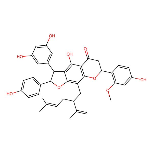 2D Structure of (2R,3S,7S)-3-(3,5-dihydroxyphenyl)-4-hydroxy-7-(4-hydroxy-2-methoxyphenyl)-2-(4-hydroxyphenyl)-9-[(2R)-5-methyl-2-prop-1-en-2-ylhex-4-enyl]-2,3,6,7-tetrahydrofuro[3,2-g]chromen-5-one