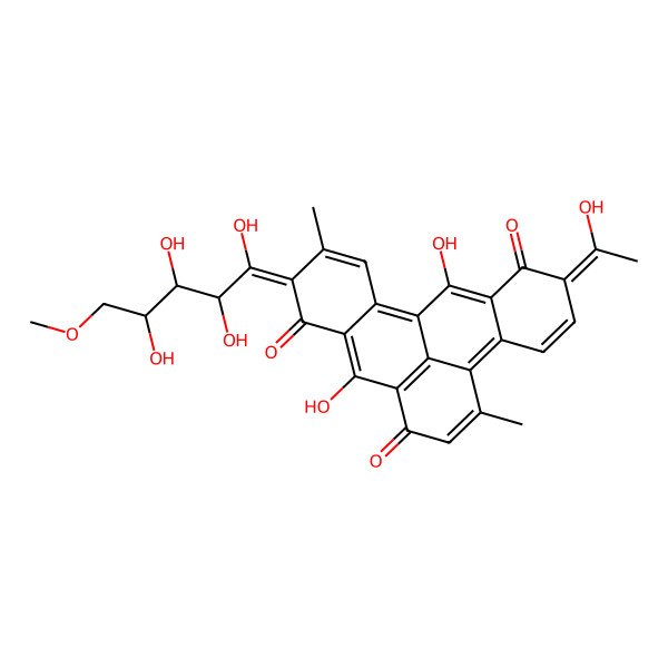 2D Structure of 8,20-Dihydroxy-17-(1-hydroxyethylidene)-4,12-dimethyl-5-(1,2,3,4-tetrahydroxy-5-methoxypentylidene)pentacyclo[11.7.1.02,7.09,21.014,19]henicosa-1,3,7,9(21),11,13,15,19-octaene-6,10,18-trione