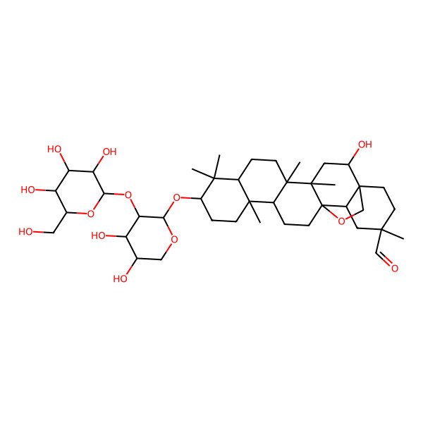 2D Structure of (1S,2R,4S,5R,8R,10S,13R,14R,17S,18R,20S)-10-[(2S,3R,4S,5S)-4,5-dihydroxy-3-[(2S,3R,4S,5S,6R)-3,4,5-trihydroxy-6-(hydroxymethyl)oxan-2-yl]oxyoxan-2-yl]oxy-2-hydroxy-4,5,9,9,13,20-hexamethyl-24-oxahexacyclo[15.5.2.01,18.04,17.05,14.08,13]tetracosane-20-carbaldehyde