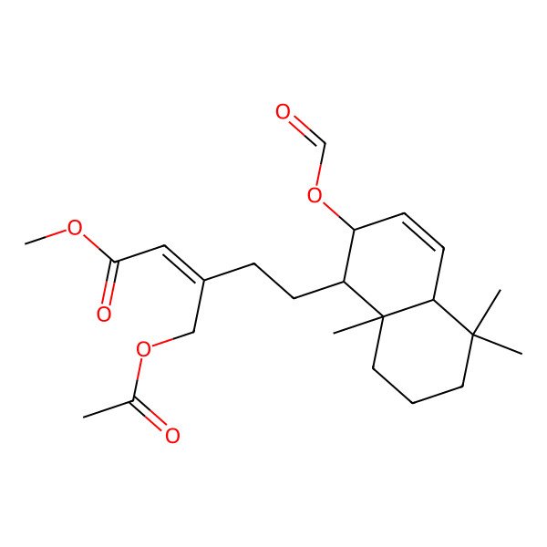 2D Structure of methyl (E)-5-[(1S,2S,4aR,8aR)-2-formyloxy-5,5,8a-trimethyl-1,2,4a,6,7,8-hexahydronaphthalen-1-yl]-3-(acetyloxymethyl)pent-2-enoate
