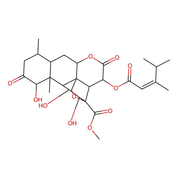2D Structure of methyl (1beta,11beta,12alpha,15beta)-15-{[(2E)-3,4-dimethylpent-2-enoyl]oxy}-1,11,12-trihydroxy-2,16-dioxo-13,20-epoxypicrasan-21-oate