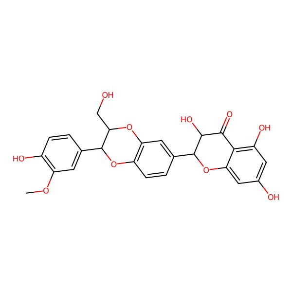 2D Structure of (3S)-3,5,7-trihydroxy-2-[2-(4-hydroxy-3-methoxyphenyl)-3-(hydroxymethyl)-2,3-dihydro-1,4-benzodioxin-6-yl]-2,3-dihydrochromen-4-one