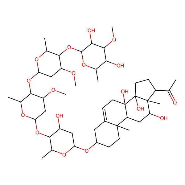 2D Structure of 1-[(3S,8S,9R,10R,12R,13S,14R,17R)-3-[(2R,4S,5S,6R)-5-[(2S,4S,5R,6R)-5-[(2S,4R,5R,6R)-5-[(2S,3R,4S,5R,6R)-3,5-dihydroxy-4-methoxy-6-methyloxan-2-yl]oxy-4-methoxy-6-methyloxan-2-yl]oxy-4-methoxy-6-methyloxan-2-yl]oxy-4-hydroxy-6-methyloxan-2-yl]oxy-8,12,14-trihydroxy-10,13-dimethyl-2,3,4,7,9,11,12,15,16,17-decahydro-1H-cyclopenta[a]phenanthren-17-yl]ethanone