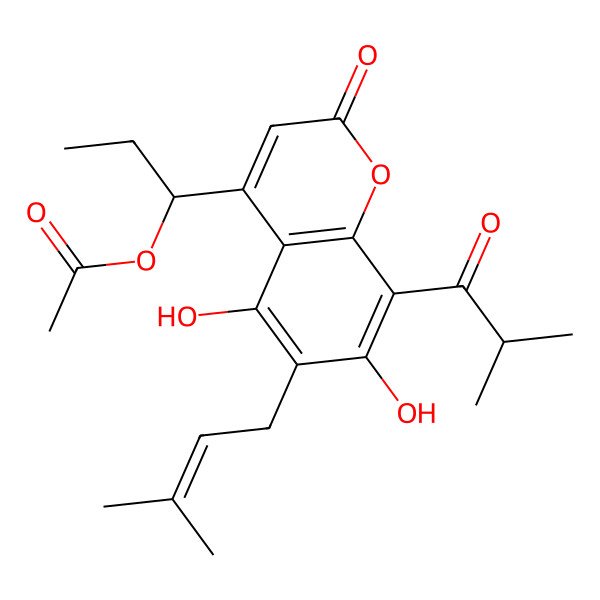 2D Structure of [(1R)-1-[5,7-dihydroxy-6-(3-methylbut-2-enyl)-8-(2-methylpropanoyl)-2-oxochromen-4-yl]propyl] acetate