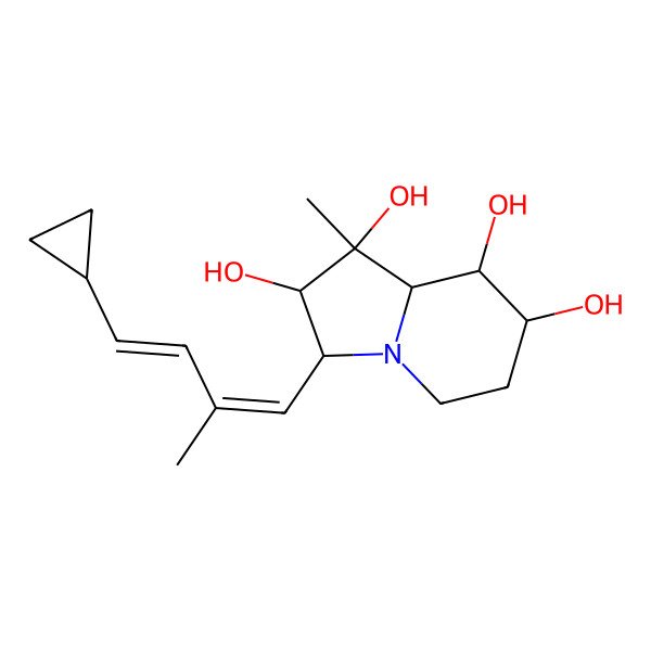 2D Structure of 3-(4-cyclopropyl-2-methylbuta-1,3-dienyl)-1-methyl-3,5,6,7,8,8a-hexahydro-2H-indolizine-1,2,7,8-tetrol