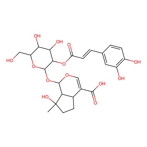 2D Structure of (1S,4aS,7S,7aS)-1-[(2S,3R,4S,5S,6R)-3-[(E)-3-(3,4-dihydroxyphenyl)prop-2-enoyl]oxy-4,5-dihydroxy-6-(hydroxymethyl)oxan-2-yl]oxy-7-hydroxy-7-methyl-4a,5,6,7a-tetrahydro-1H-cyclopenta[c]pyran-4-carboxylic acid