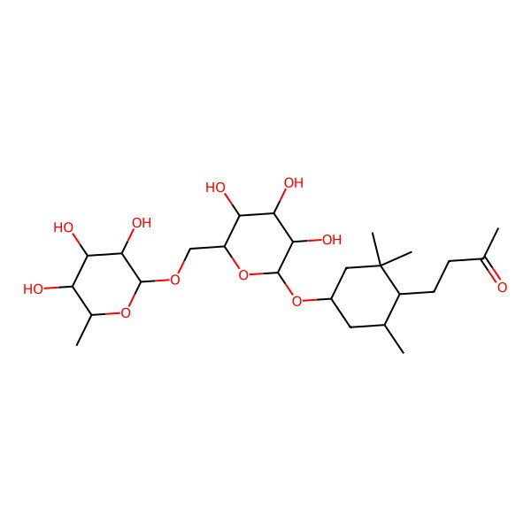 2D Structure of 4-[(1S,4R,6R)-2,2,6-trimethyl-4-[(2R,3R,4S,5S,6R)-3,4,5-trihydroxy-6-[[(2R,3R,4R,5R,6S)-3,4,5-trihydroxy-6-methyloxan-2-yl]oxymethyl]oxan-2-yl]oxycyclohexyl]butan-2-one
