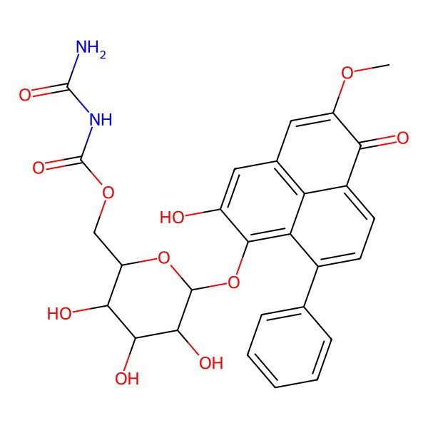 2D Structure of [3,4,5-trihydroxy-6-(2-hydroxy-5-methoxy-6-oxo-9-phenylphenalen-1-yl)oxyoxan-2-yl]methyl N-carbamoylcarbamate