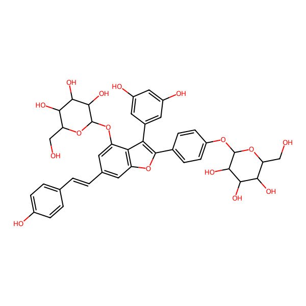 2D Structure of 2-[4-[3-(3,5-Dihydroxyphenyl)-6-[2-(4-hydroxyphenyl)ethenyl]-4-[3,4,5-trihydroxy-6-(hydroxymethyl)oxan-2-yl]oxy-1-benzofuran-2-yl]phenoxy]-6-(hydroxymethyl)oxane-3,4,5-triol