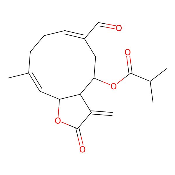 2D Structure of [(3aR,4S,6E,10E,11aS)-6-formyl-10-methyl-3-methylidene-2-oxo-3a,4,5,8,9,11a-hexahydrocyclodeca[b]furan-4-yl] 2-methylpropanoate