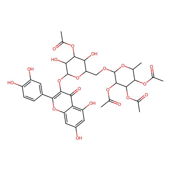 2D Structure of [(2S,3S,4R,5R,6S)-4,5-diacetyloxy-6-[[(2R,3S,4S,5R,6S)-4-acetyloxy-6-[2-(3,4-dihydroxyphenyl)-5,7-dihydroxy-4-oxochromen-3-yl]oxy-3,5-dihydroxyoxan-2-yl]methoxy]-2-methyloxan-3-yl] acetate