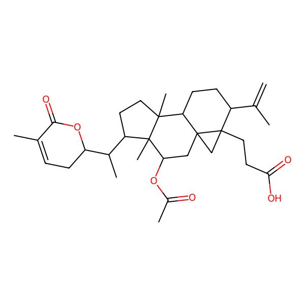 2D Structure of 3-[(1R,3S,4R,5R,8S,9S,12S,13R)-3-acetyloxy-4,8-dimethyl-5-[(1S)-1-[(2R)-5-methyl-6-oxo-2,3-dihydropyran-2-yl]ethyl]-12-prop-1-en-2-yl-13-tetracyclo[7.5.0.01,13.04,8]tetradecanyl]propanoic acid