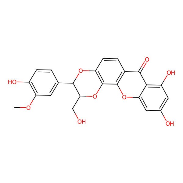 2D Structure of (2R,3R)-8,10-dihydroxy-3-(4-hydroxy-3-methoxyphenyl)-2-(hydroxymethyl)-2,3-dihydro-[1,4]dioxino[2,3-c]xanthen-7-one