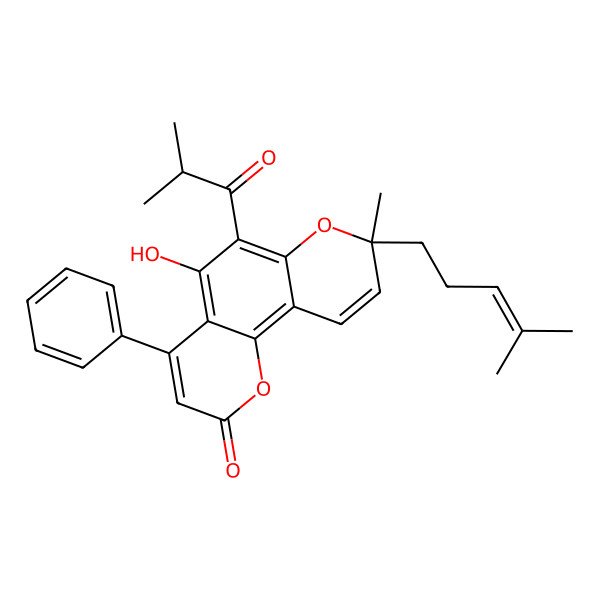 2D Structure of (8R)-5-hydroxy-8-methyl-8-(4-methylpent-3-enyl)-6-(2-methylpropanoyl)-4-phenylpyrano[2,3-h]chromen-2-one