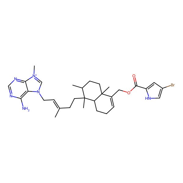 2D Structure of [(4aS,5R,6S,8aR)-5-[(E)-5-(6-amino-9-methylpurin-9-ium-7-yl)-3-methylpent-3-enyl]-5,6,8a-trimethyl-3,4,4a,6,7,8-hexahydronaphthalen-1-yl]methyl 4-bromo-1H-pyrrole-2-carboxylate