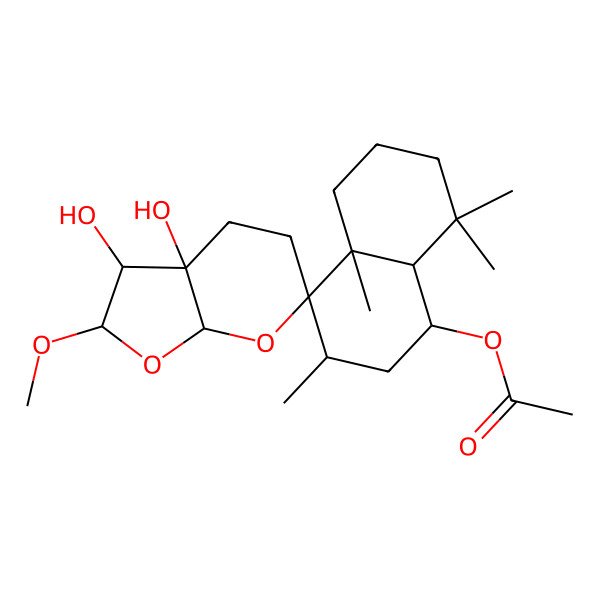 2D Structure of [(1S,2'S,3S,3'R,3'aS,4S,4aR,7'aR,8aR)-3',3'a-dihydroxy-2'-methoxy-3,4a,8,8-tetramethylspiro[2,3,5,6,7,8a-hexahydro-1H-naphthalene-4,6'-3,4,5,7a-tetrahydro-2H-furo[2,3-b]pyran]-1-yl] acetate