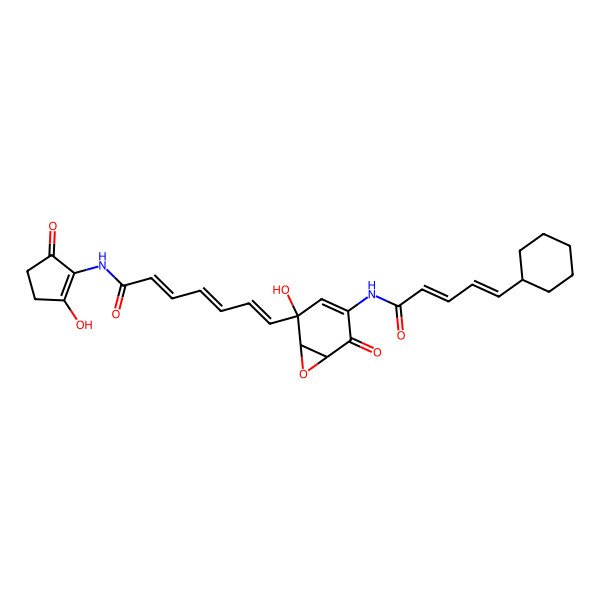 2D Structure of (2E,4E,6E)-7-[(1S,2R,6R)-4-[[(2E,4E)-5-cyclohexylpenta-2,4-dienoyl]amino]-2-hydroxy-5-oxo-7-oxabicyclo[4.1.0]hept-3-en-2-yl]-N-(2-hydroxy-5-oxocyclopenten-1-yl)hepta-2,4,6-trienamide