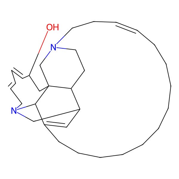 2D Structure of 9H,11H-1,13-Methano-10,15-[3]tetradeceno-2H-azecino[2,3-i]isoquinolin-7-ol, 7,8,12,12a,13,15a-hexahydro-, (3Z,5Z,26Z)-