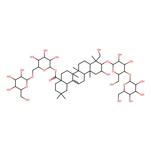 2D Structure of [(2S,3R,4S,5S,6R)-3,4,5-trihydroxy-6-[[(2S,3R,4S,5S,6R)-3,4,5-trihydroxy-6-(hydroxymethyl)oxan-2-yl]oxymethyl]oxan-2-yl] (4aS,6aR,6aS,6bR,8aR,9R,10R,11S,12aR,14bS)-10-[(2R,3R,4R,5S,6R)-3,4-dihydroxy-6-(hydroxymethyl)-5-[(2S,3R,4S,5S,6R)-3,4,5-trihydroxy-6-(hydroxymethyl)oxan-2-yl]oxyoxan-2-yl]oxy-11-hydroxy-9-(hydroxymethyl)-2,2,6a,6b,9,12a-hexamethyl-1,3,4,5,6,6a,7,8,8a,10,11,12,13,14b-tetradecahydropicene-4a-carboxylate