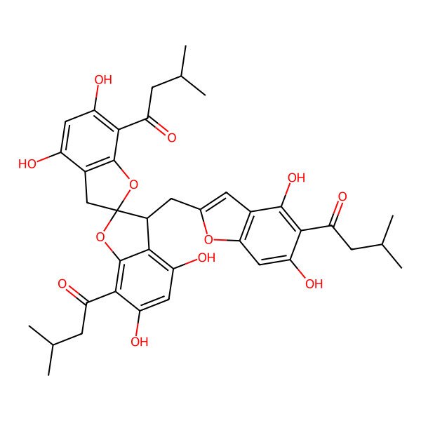 2D Structure of 1-[4,6-dihydroxy-2-[[(2R,3'S)-4,4',6,6'-tetrahydroxy-7,7'-bis(3-methylbutanoyl)-2,2'-spirobi[3H-1-benzofuran]-3'-yl]methyl]-1-benzofuran-5-yl]-3-methylbutan-1-one