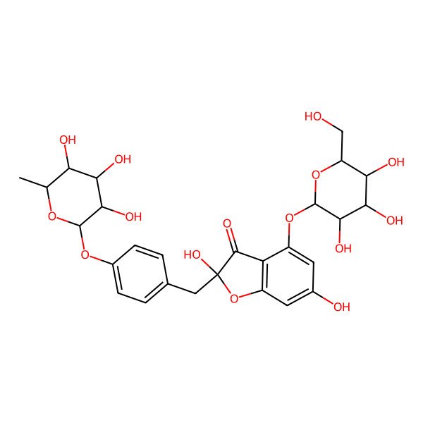 2D Structure of (2S)-2,6-dihydroxy-4-[(2S,3R,4S,5R,6R)-3,4,5-trihydroxy-6-(hydroxymethyl)oxan-2-yl]oxy-2-[[4-[(2S,3S,4R,5R,6S)-3,4,5-trihydroxy-6-methyloxan-2-yl]oxyphenyl]methyl]-1-benzofuran-3-one