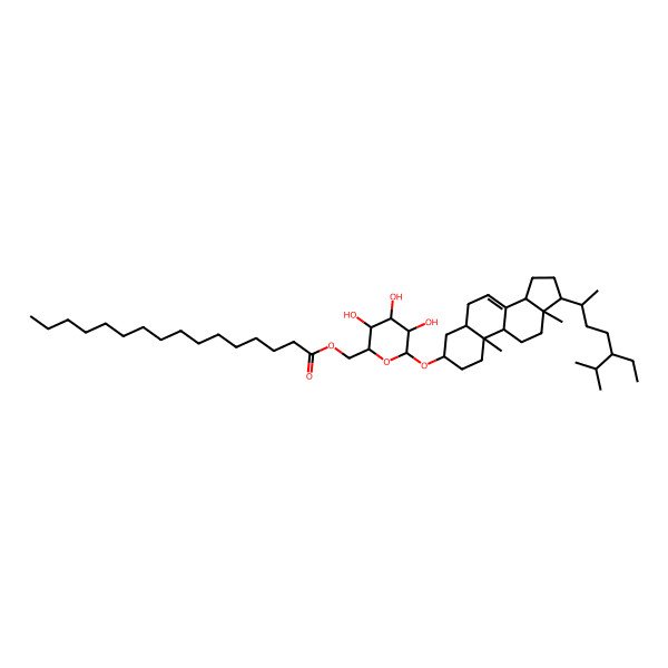 2D Structure of [(2R,3S,4S,5R,6R)-6-[[(3S,5R,9S,10S,13R,14R,17S)-17-[(2R,5S)-5-ethyl-6-methylheptan-2-yl]-10,13-dimethyl-2,3,4,5,6,9,11,12,14,15,16,17-dodecahydro-1H-cyclopenta[a]phenanthren-3-yl]oxy]-3,4,5-trihydroxyoxan-2-yl]methyl hexadecanoate