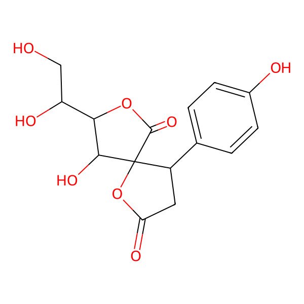 2D Structure of (4S,5S,8R,9R)-8-[(1S)-1,2-dihydroxyethyl]-9-hydroxy-4-(4-hydroxyphenyl)-1,7-dioxaspiro[4.4]nonane-2,6-dione