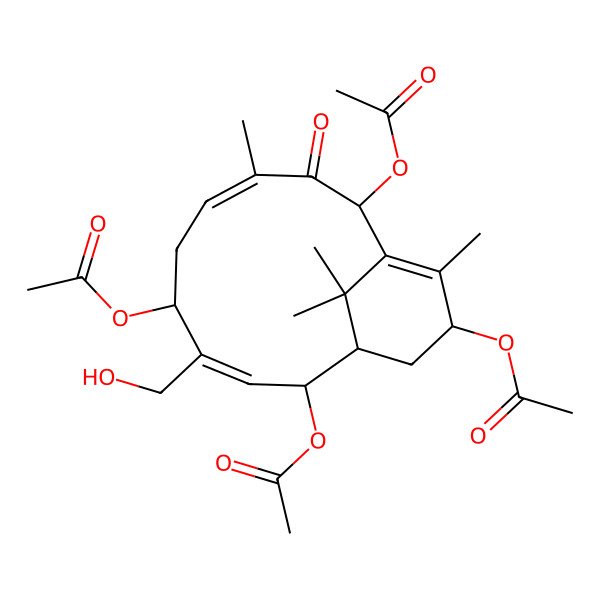 2D Structure of [2,10,13-Triacetyloxy-4-(hydroxymethyl)-8,12,15,15-tetramethyl-9-oxo-5-bicyclo[9.3.1]pentadeca-3,7,11-trienyl] acetate