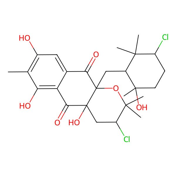 2D Structure of (3R,10aR)-3-chloro-10a-[[(3S,6S)-3-chloro-6-hydroxy-2,2,6-trimethylcyclohexyl]methyl]-4a,6,8-trihydroxy-2,2,7-trimethyl-3,4-dihydrobenzo[g]chromene-5,10-dione