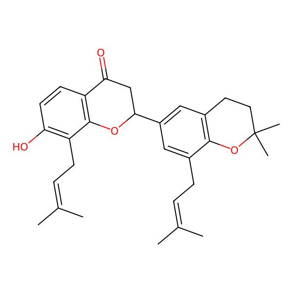 2D Structure of 2-[2,2-Dimethyl-8-(3-methylbut-2-enyl)-3,4-dihydrochromen-6-yl]-7-hydroxy-8-(3-methylbut-2-enyl)-2,3-dihydrochromen-4-one