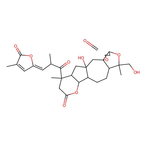 2D Structure of 1-Hydroxy-9-(hydroxymethyl)-9,18-dimethyl-18-[2-methyl-3-(4-methyl-5-oxofuran-2-ylidene)propanoyl]-4,8,15-trioxapentacyclo[11.7.0.03,7.03,10.014,19]icosane-5,16-dione