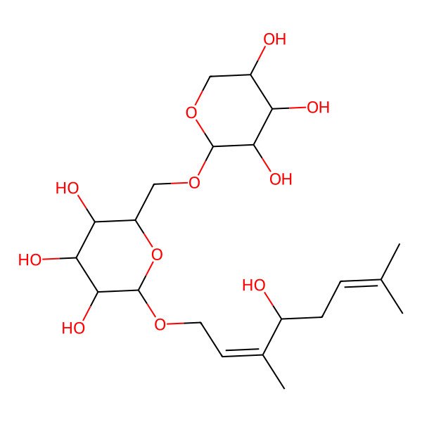 2D Structure of (2R,3R,4S,5S,6R)-2-[(2E,4R)-4-hydroxy-3,7-dimethylocta-2,6-dienoxy]-6-[[(2S,3R,4S,5S)-3,4,5-trihydroxyoxan-2-yl]oxymethyl]oxane-3,4,5-triol