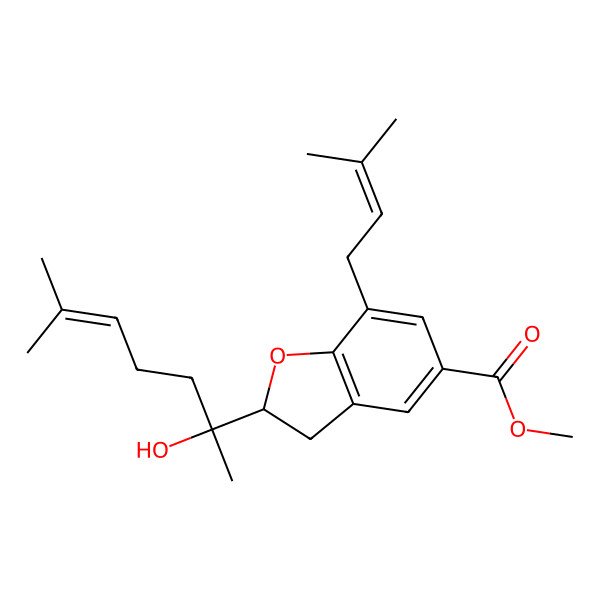 2D Structure of Methyl 2-(2-hydroxy-6-methylhept-5-en-2-yl)-7-(3-methylbut-2-enyl)-2,3-dihydro-1-benzofuran-5-carboxylate 2D Structure of Methyl 2-(2-hydroxy-6-methylhept-5-en-2-yl)-7-(3-methylbut-2-enyl)-2,3-dihydro-1-benzofuran-5-carboxylate