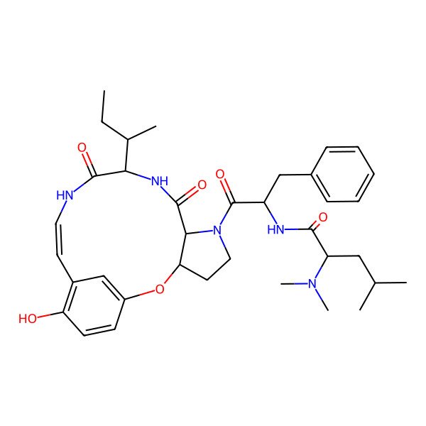 2D Structure of (2S)-N-[(2S)-1-[(7S,10S,13Z)-10-butan-2-yl-16-hydroxy-8,11-dioxo-2-oxa-6,9,12-triazatricyclo[13.3.1.03,7]nonadeca-1(19),13,15,17-tetraen-6-yl]-1-oxo-3-phenylpropan-2-yl]-2-(dimethylamino)-4-methylpentanamide