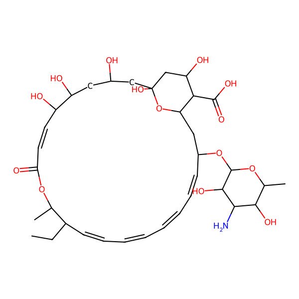 2D Structure of (1R,3S,5R,6R,7Z,11R,12S,13Z,15Z,17Z,19Z,21R,23S,24R,25S)-21-[(2R,3S,4S,5S,6R)-4-amino-3,5-dihydroxy-6-methyloxan-2-yl]oxy-12-ethyl-1,3,5,6,25-pentahydroxy-11-methyl-9-oxo-10,27-dioxabicyclo[21.3.1]heptacosa-7,13,15,17,19-pentaene-24-carboxylic acid