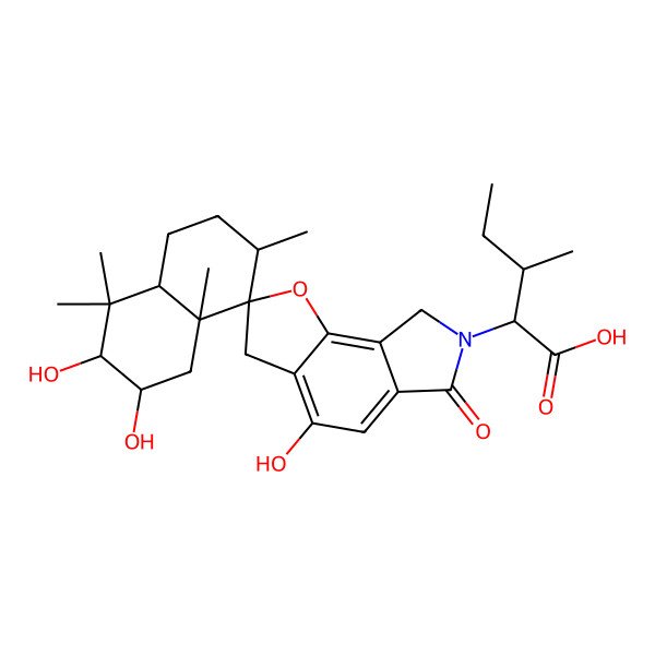 2D Structure of (2S,3S)-2-[(2R,3S,4aS,7R,8R,8aS)-2,3,4'-trihydroxy-4,4,7,8a-tetramethyl-6'-oxospiro[2,3,4a,5,6,7-hexahydro-1H-naphthalene-8,2'-3,8-dihydrouro[2,3-e]isoindole]-7'-yl]-3-methylpentanoic acid